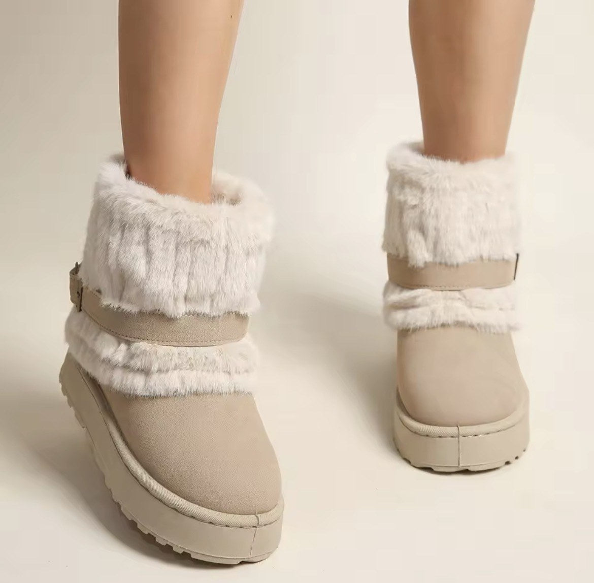 Fur-Cuff Buckle Platform Boots