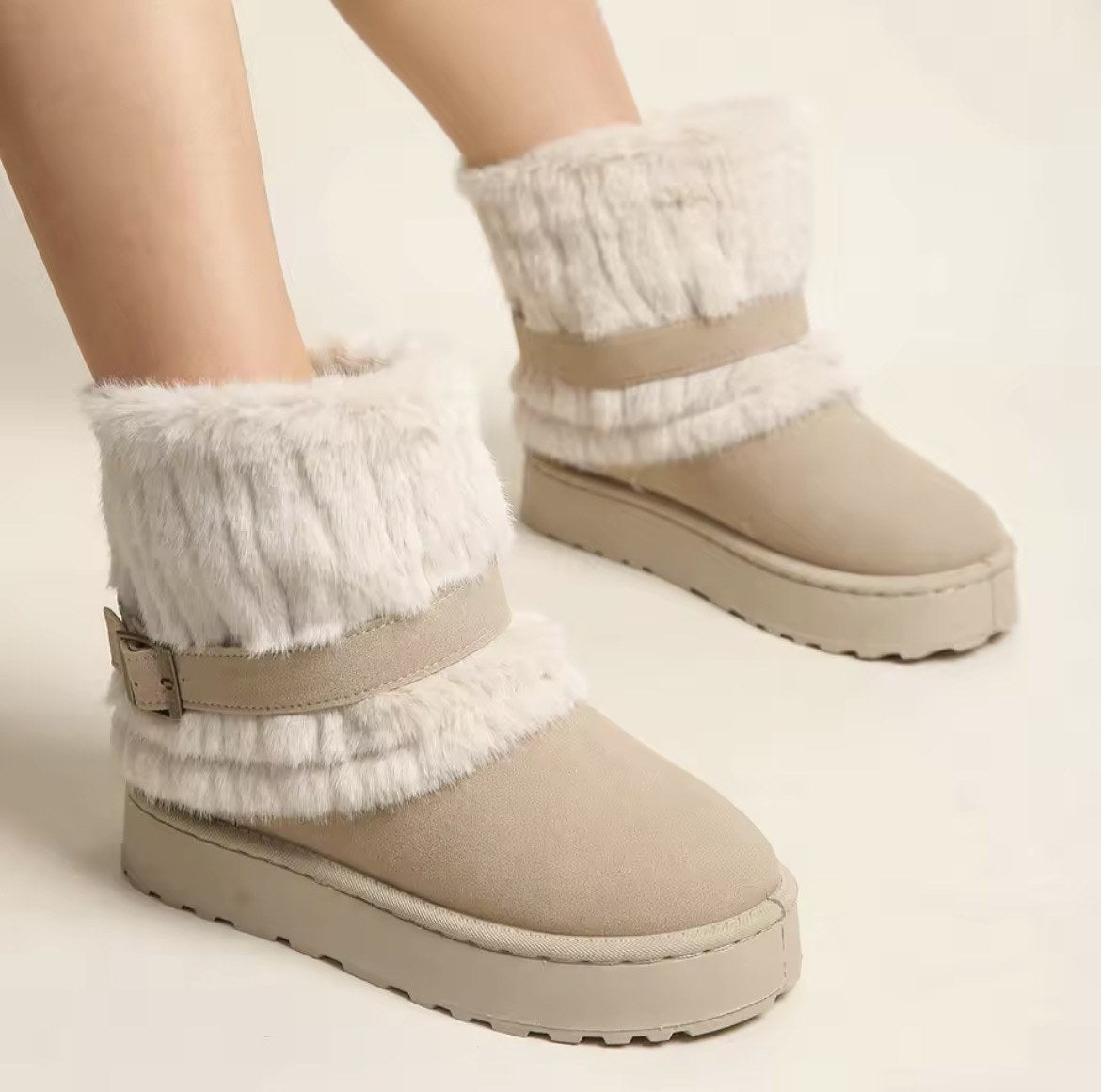 Fur-Cuff Buckle Platform Boots