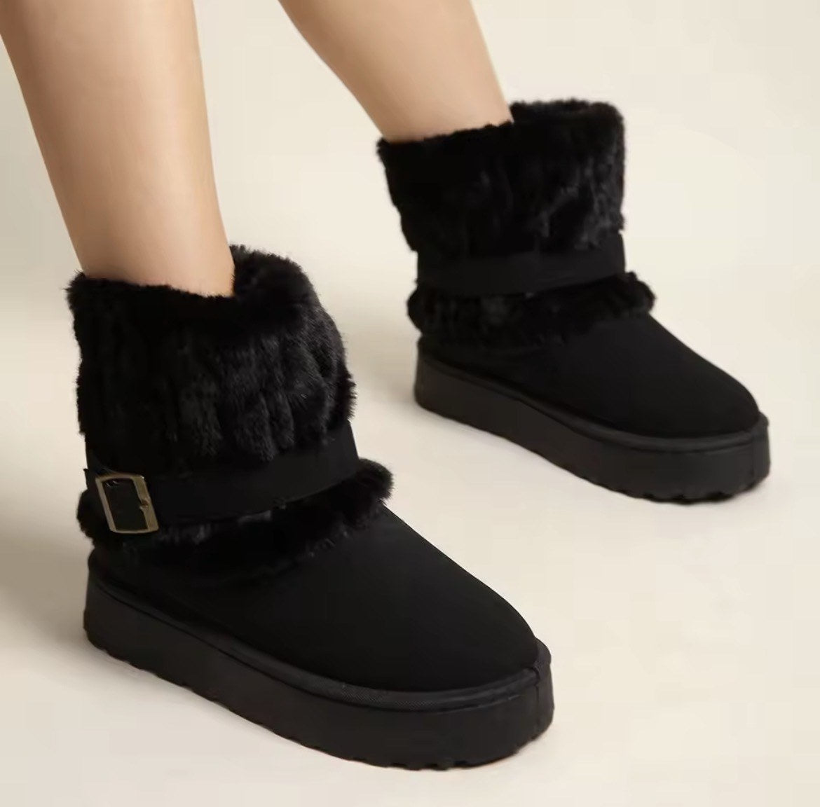 Fur-Cuff Buckle Platform Boots
