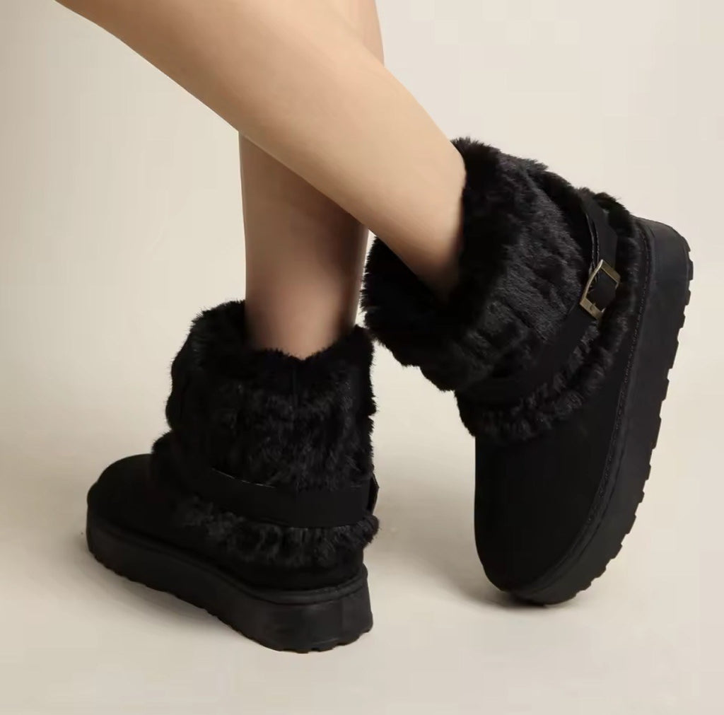 Fur-Cuff Buckle Platform Boots