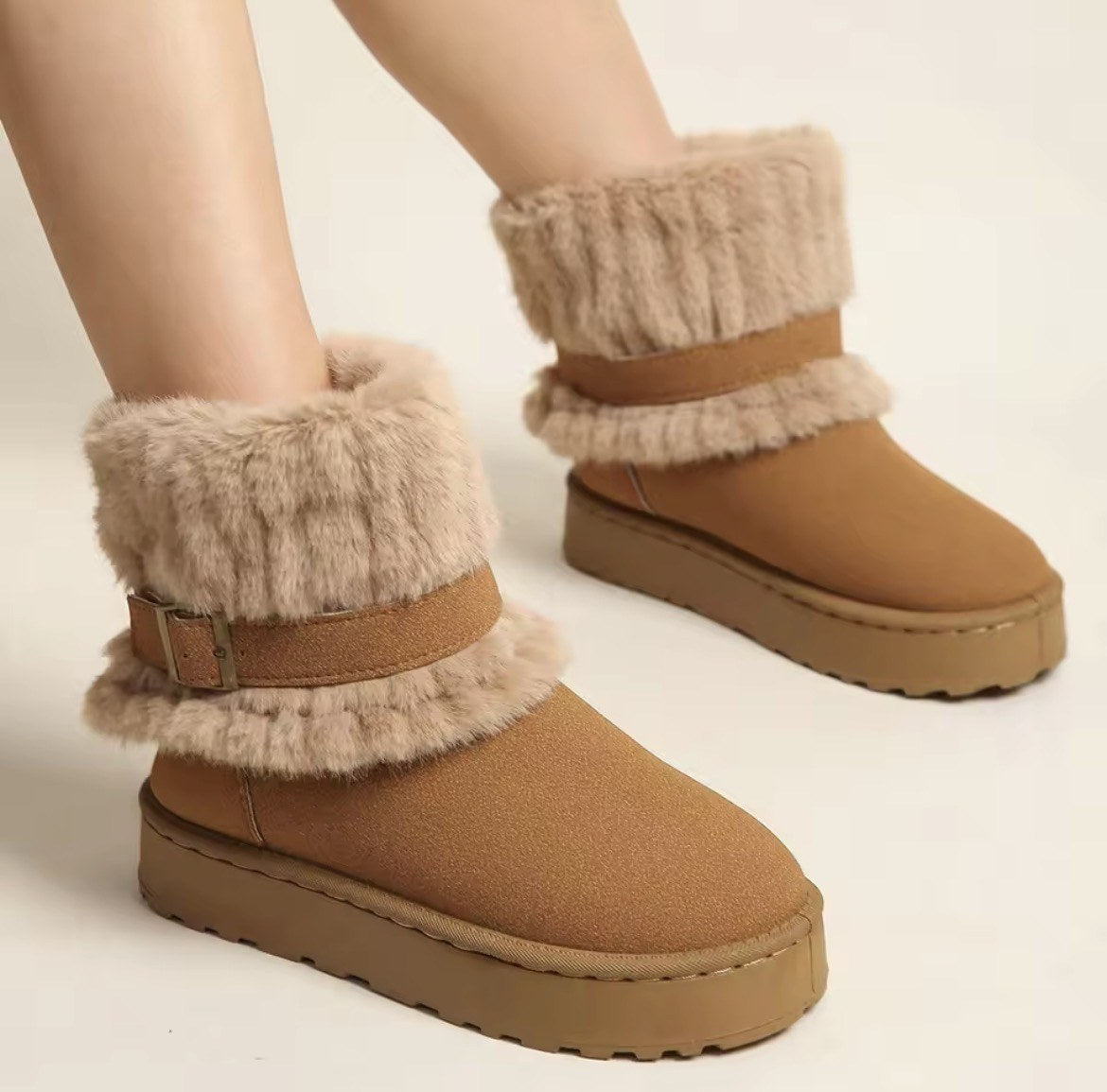 Fur-Cuff Buckle Platform Boots