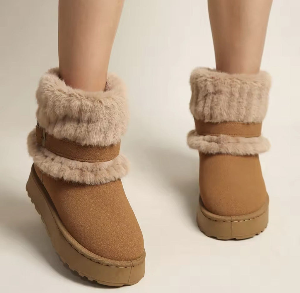 Fur-Cuff Buckle Platform Boots