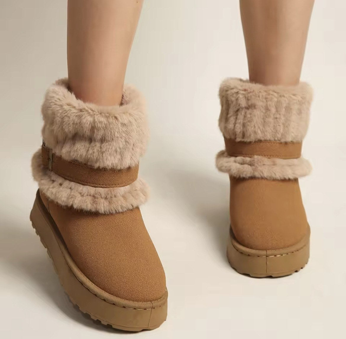 Fur-Cuff Buckle Platform Boots