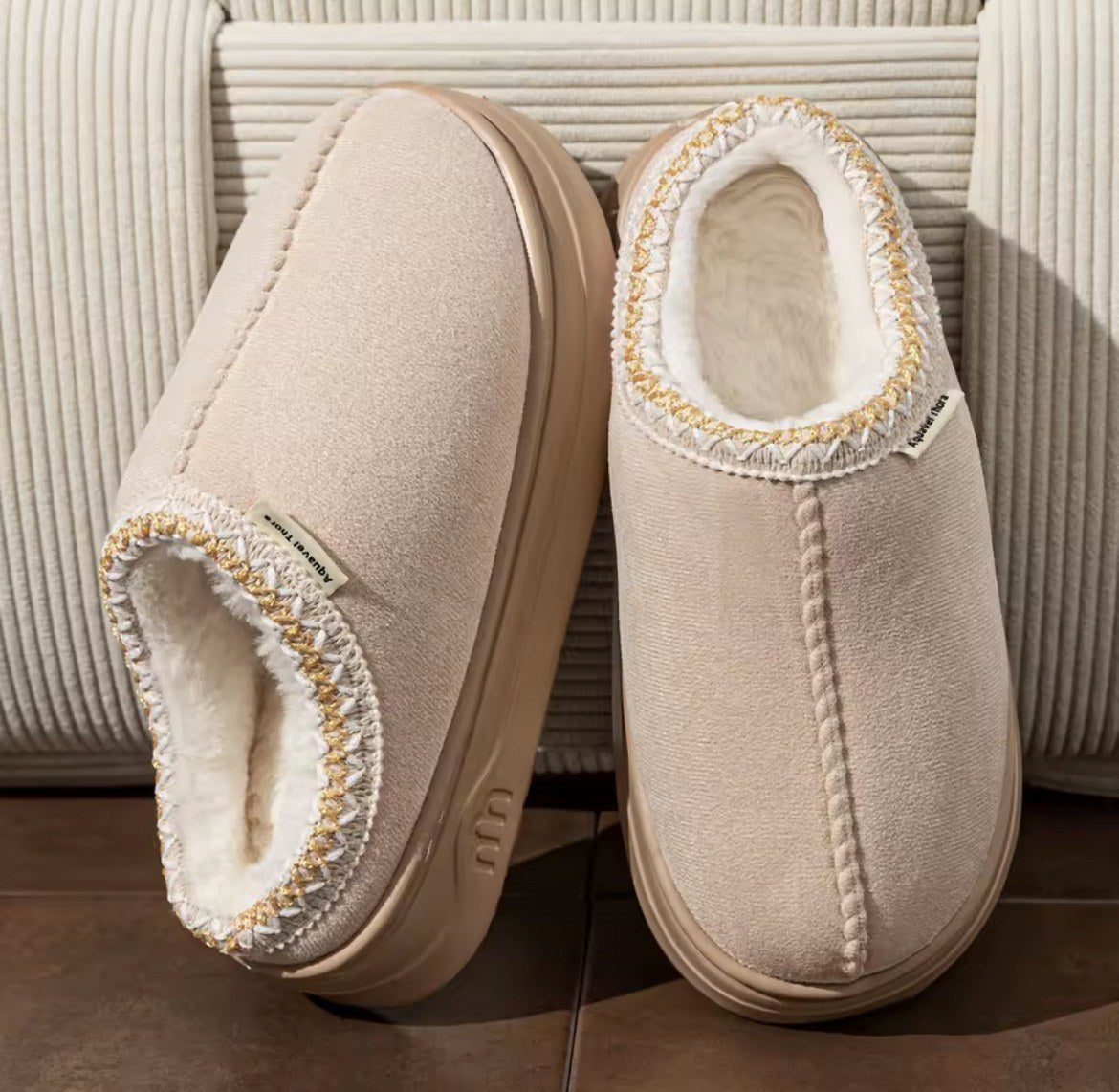 Braided-Collar Platform Slippers