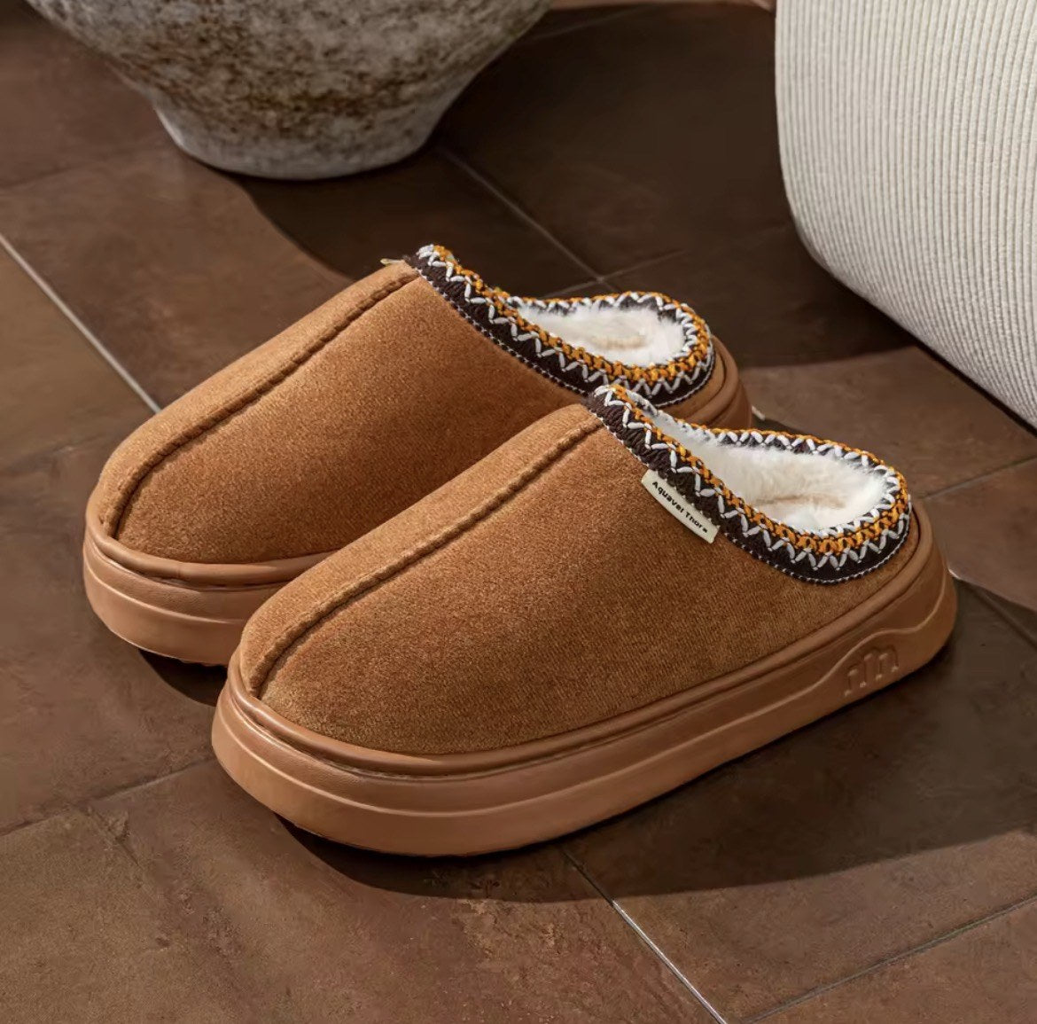 Braided-Collar Platform Slippers