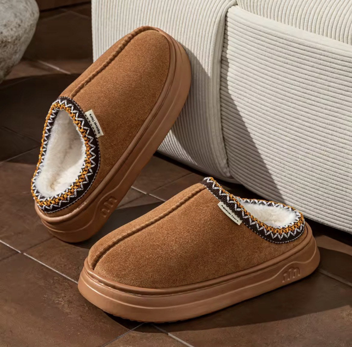 Braided-Collar Platform Slippers