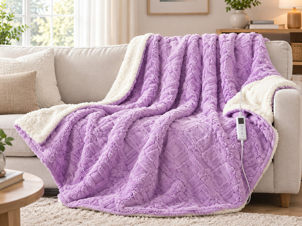 Purple heated sherpa throw blanket with cream sherpa lining and controller, draped on a sofa