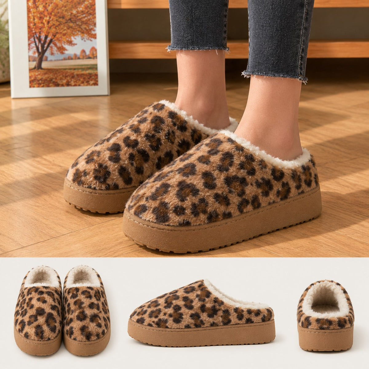 Leopard Plush Platform Slippers